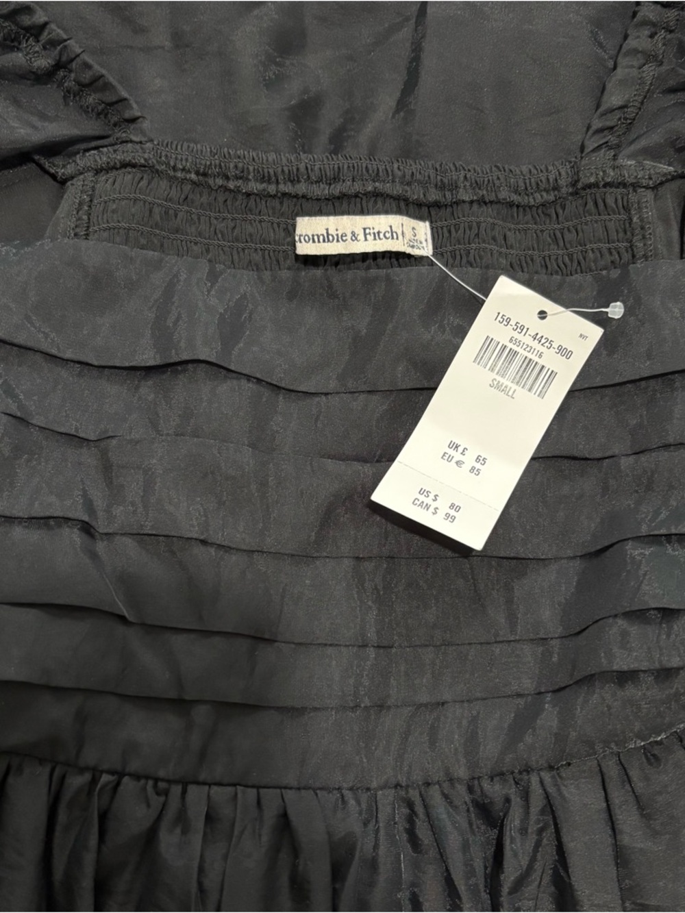 NWT - Abercrombie Emerson Ruched Angel Sleeve Mini Dress Black - Size Small - Picture 2 of 2